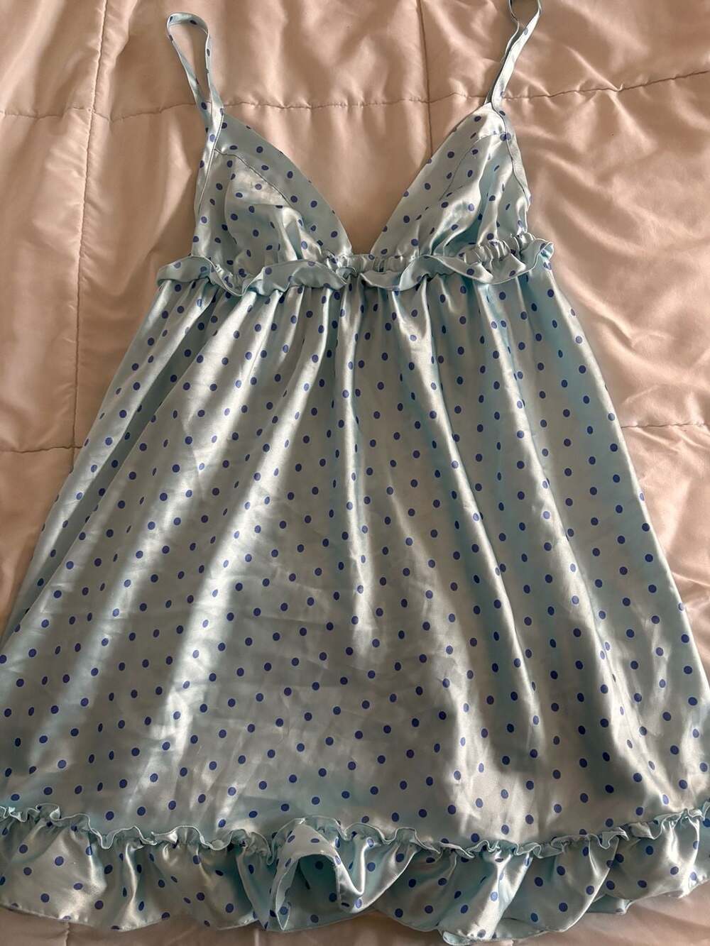 Victoria's Secret Blue Satin Polka Dot Babydoll Chemise Nightgown